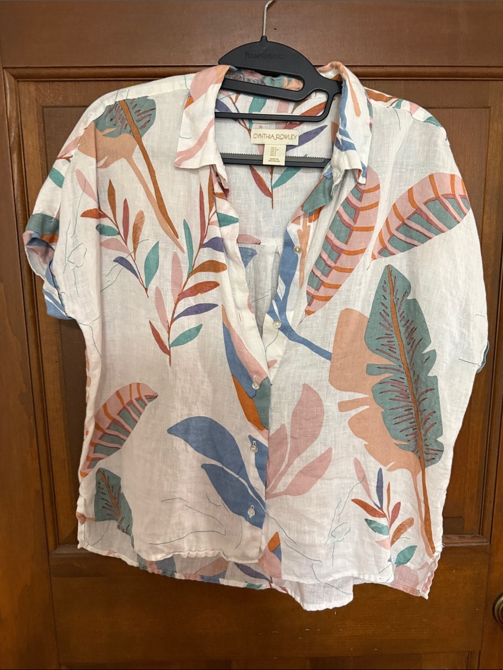 Cynthia Rowley White Linen Button-Down with Pastel Tropical Leaf Print